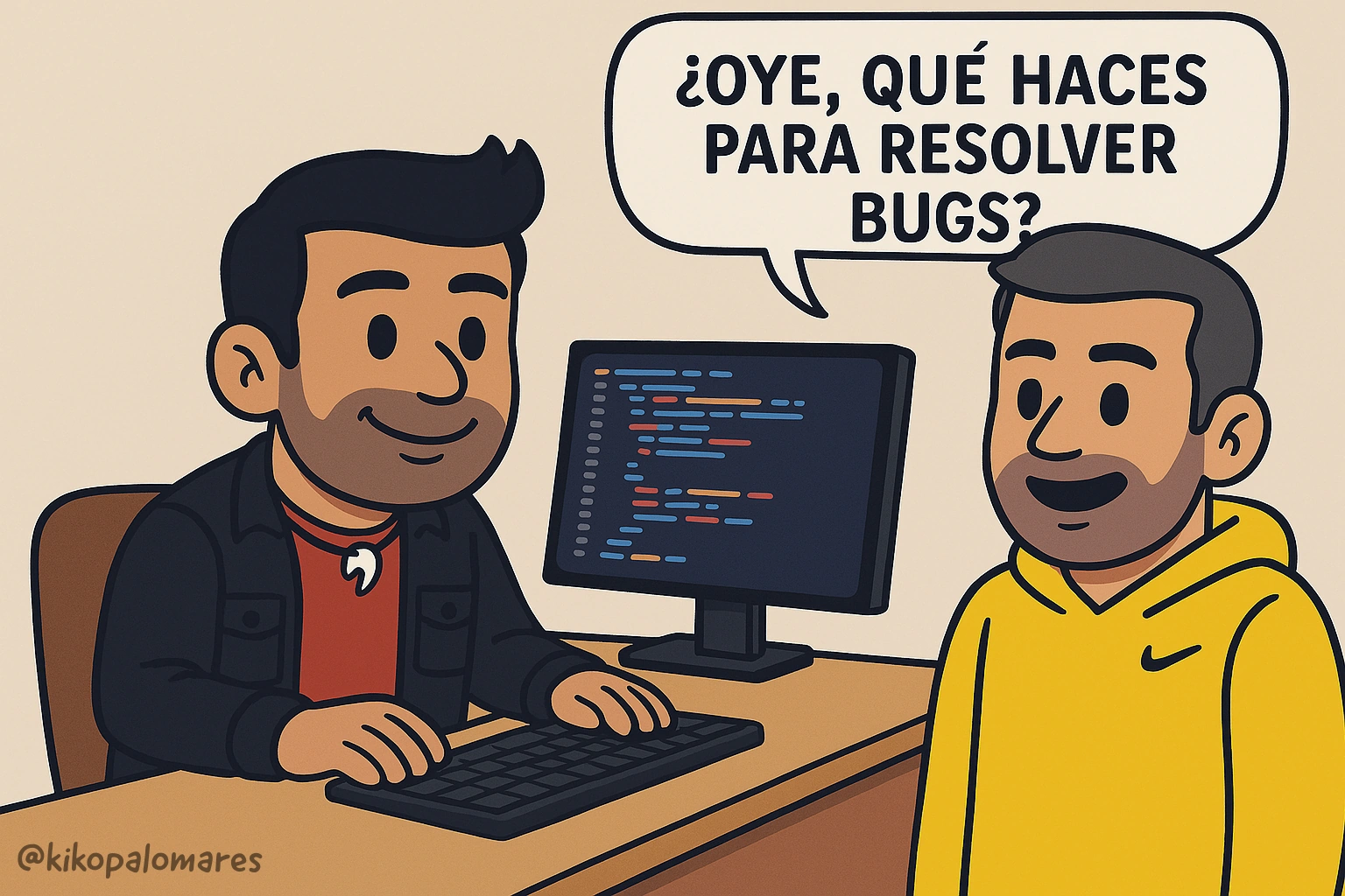 Un compañero pregunta a Kiko: ¿Oye, qué haces para resolver bugs?