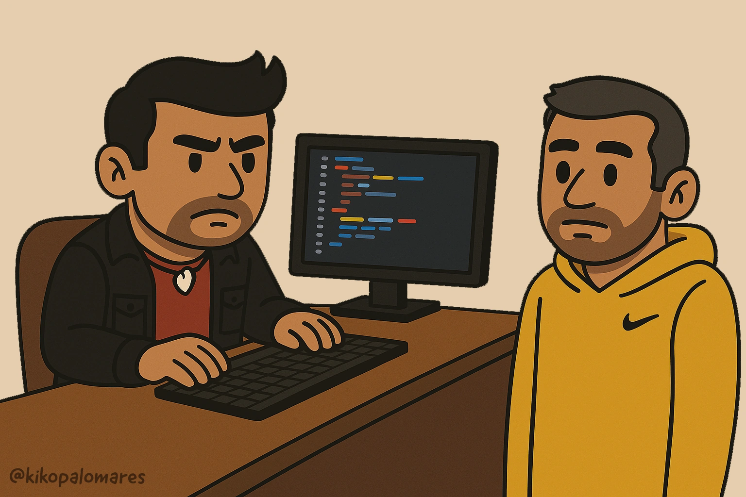 Kiko mira intensamente el código en el monitor mientras su compañero espera.