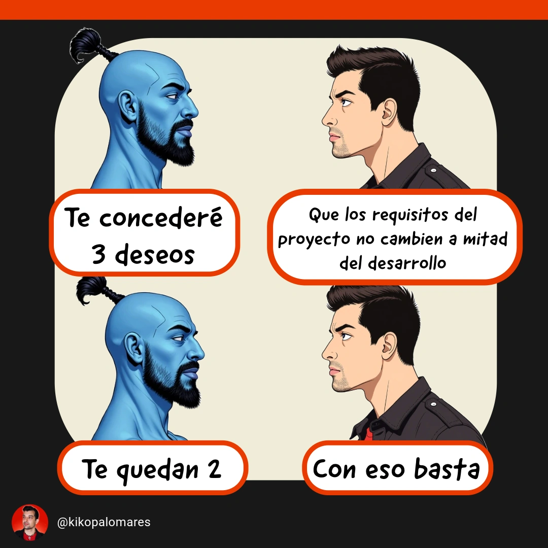 Un genio ofrece tres deseos a Kiko. Pide que los requisitos no cambien durante el desarrollo y no necesita los otros dos.