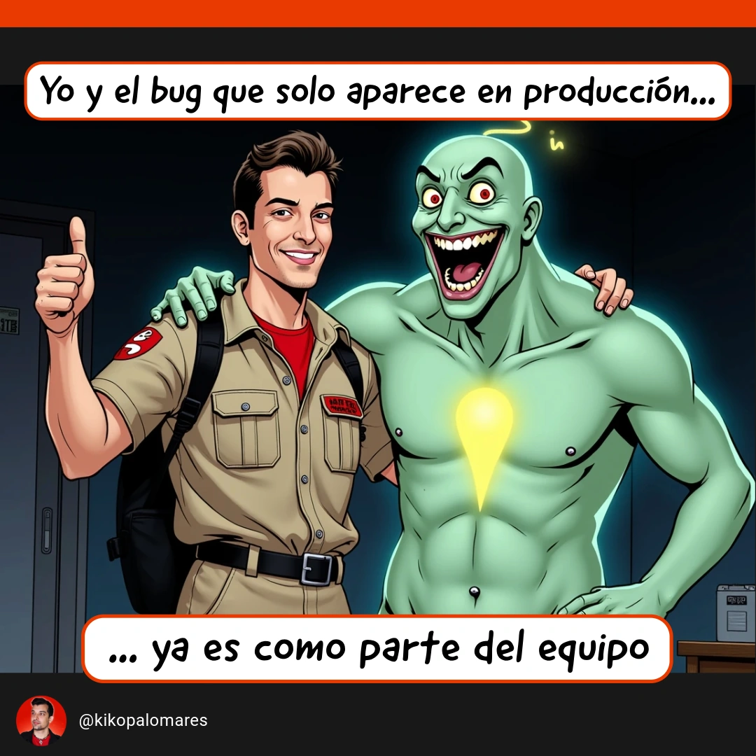 Kiko, vestido de cazafantasmas, posa abrazado al fantasma verde que representa el bug que solo aparece en producción.