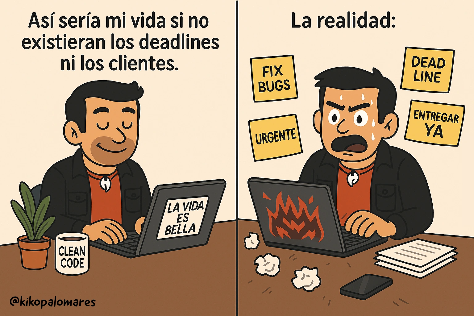 Kiko trabaja tranquilo sin plazos ni clientes. En la realidad, su portátil arde y lo rodean avisos de trabajo urgente.