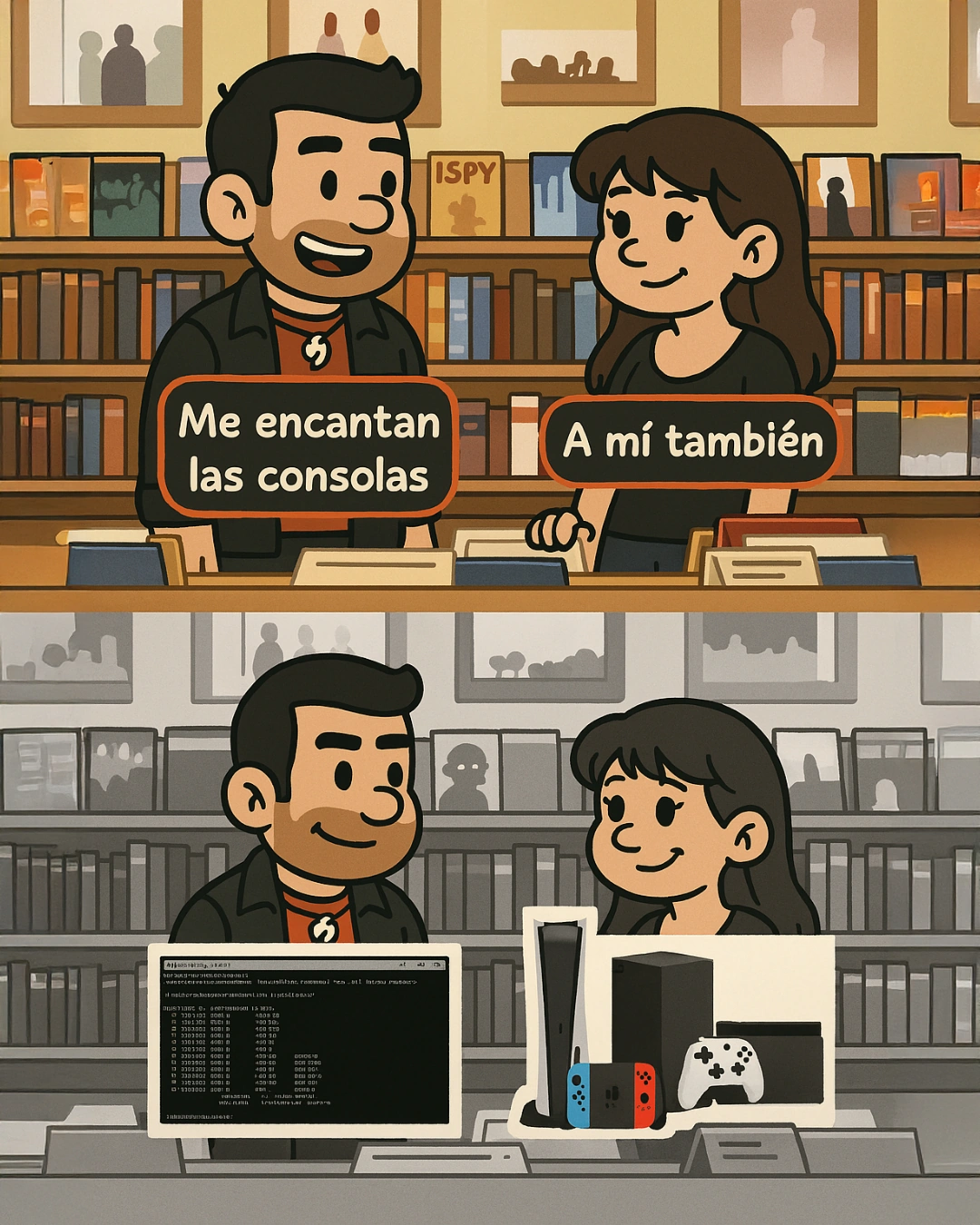Kiko y una chica dicen que les encantan las consolas. Él muestra una terminal de código y ella una consola de videojuegos.