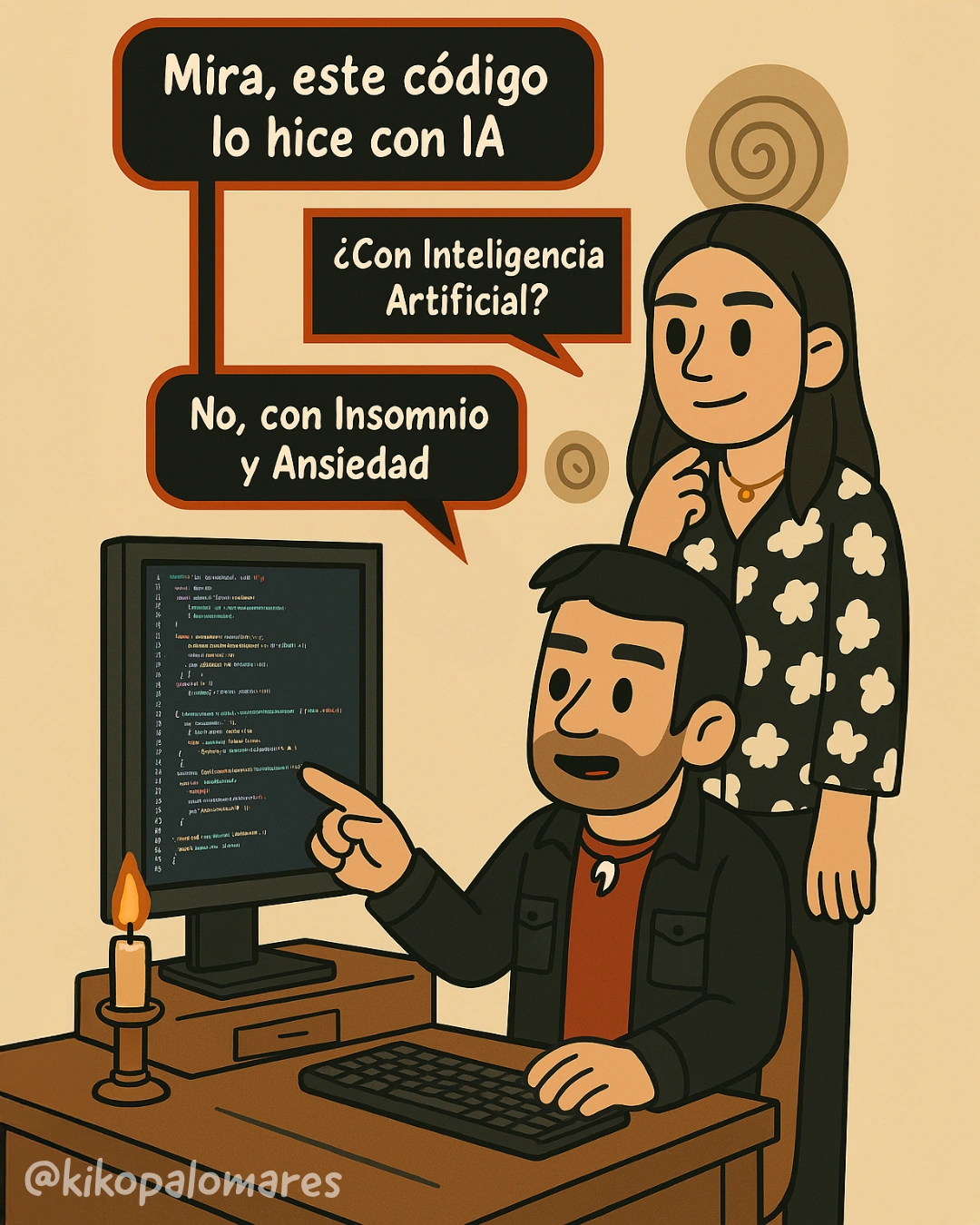 Kiko explica a una compañera que su código está hecho con IA: insomnio y ansiedad.