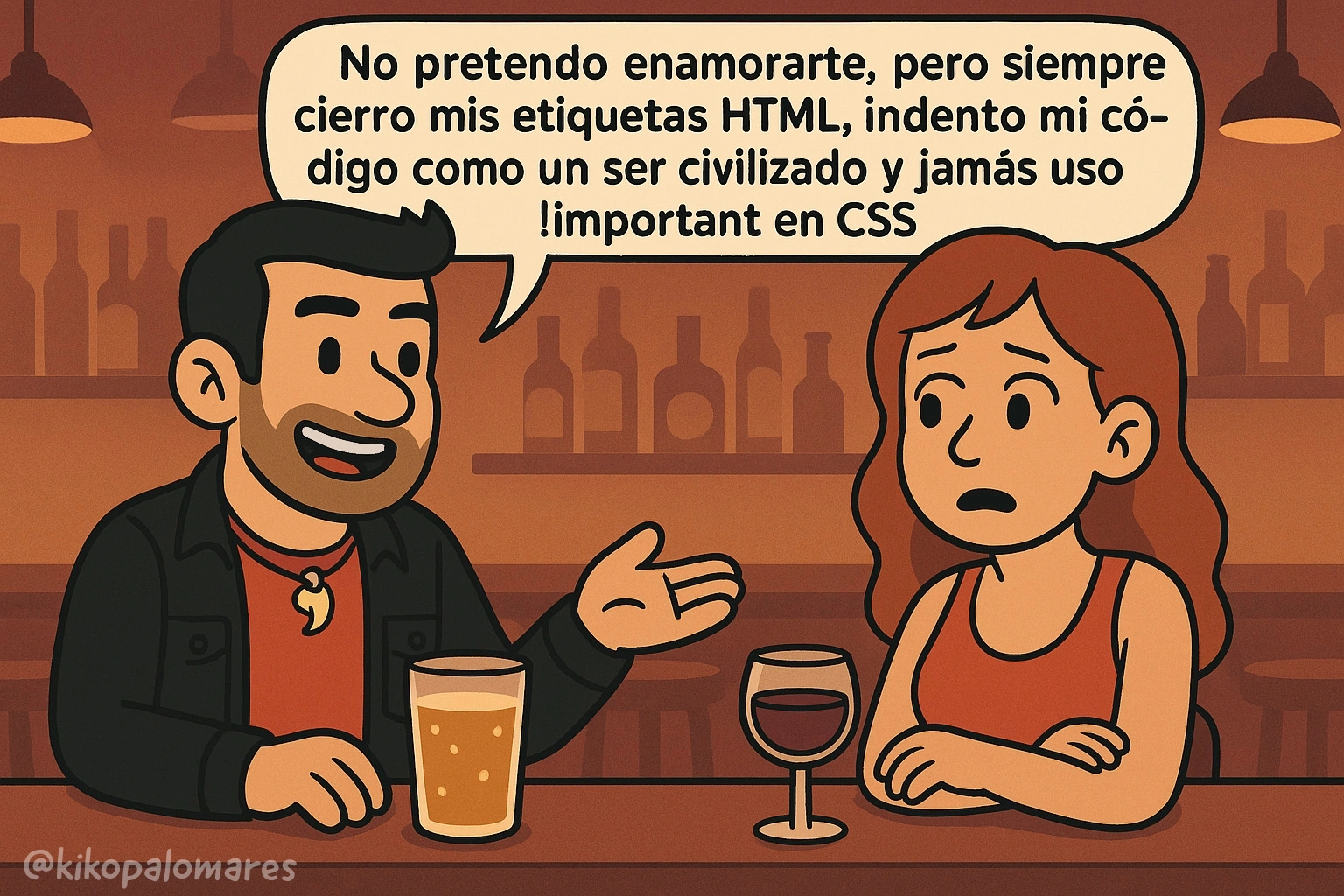 Kiko intenta ligar presumiendo de cerrar etiquetas HTML, indentar el código y no usar !important.