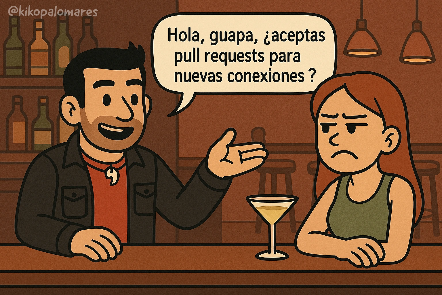 Kiko pregunta a una chica si acepta pull requests para nuevas conexiones. Ella lo mira con escepticismo.