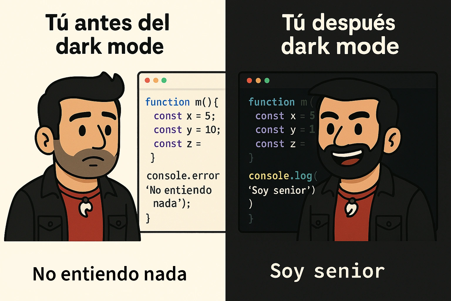 Kiko pasa de no entender nada con el editor claro a sentirse senior al activar el modo oscuro.