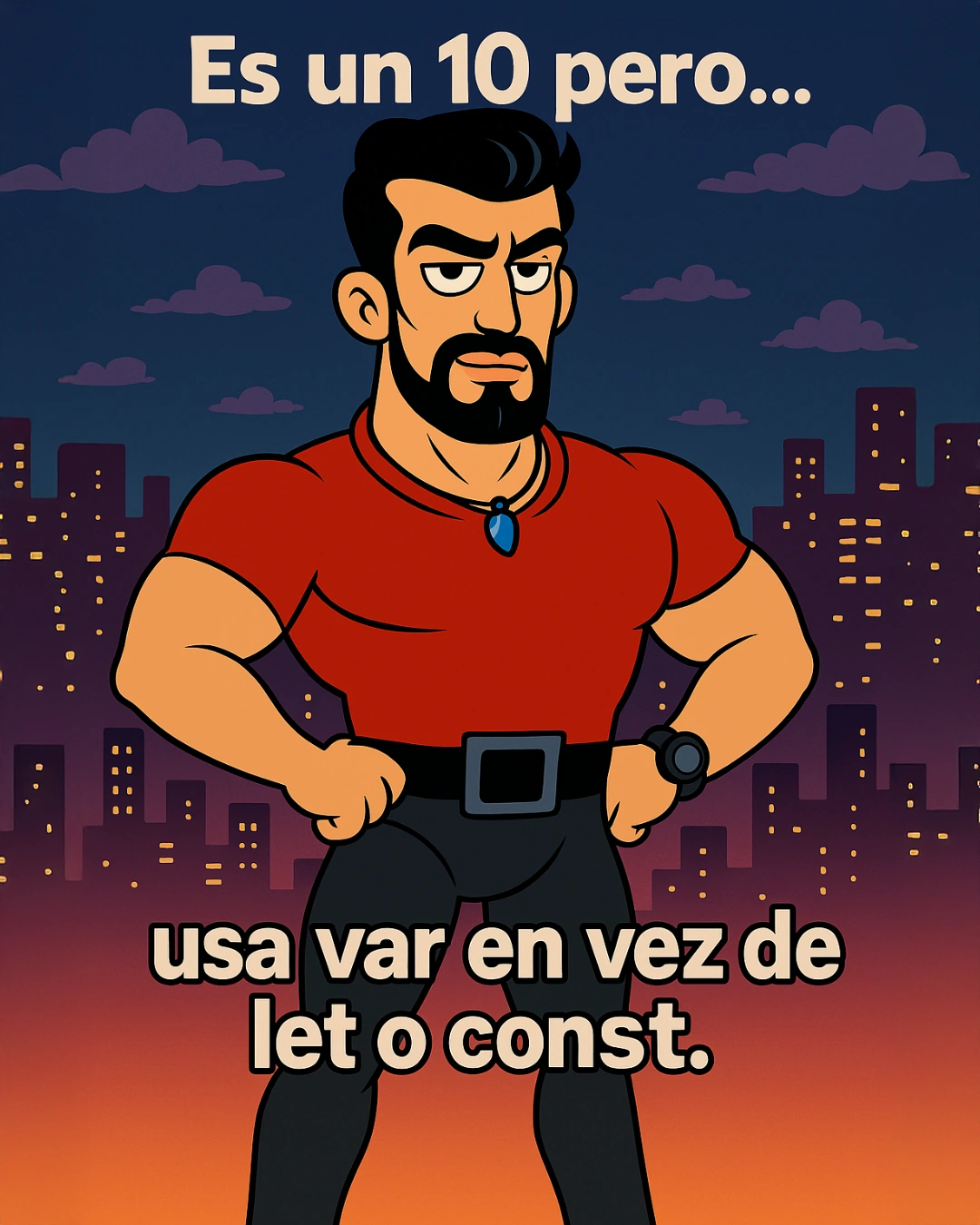 Kiko aparece musculoso y con pose de héroe: es un diez, pero usa var en vez de let o const.