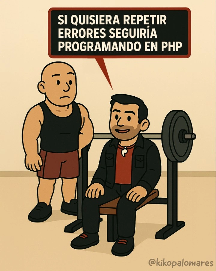Segunda viñeta. Kiko se sienta en el banco y responde al entrenador: «Si quisiera repetir errores seguiría programando en PHP».