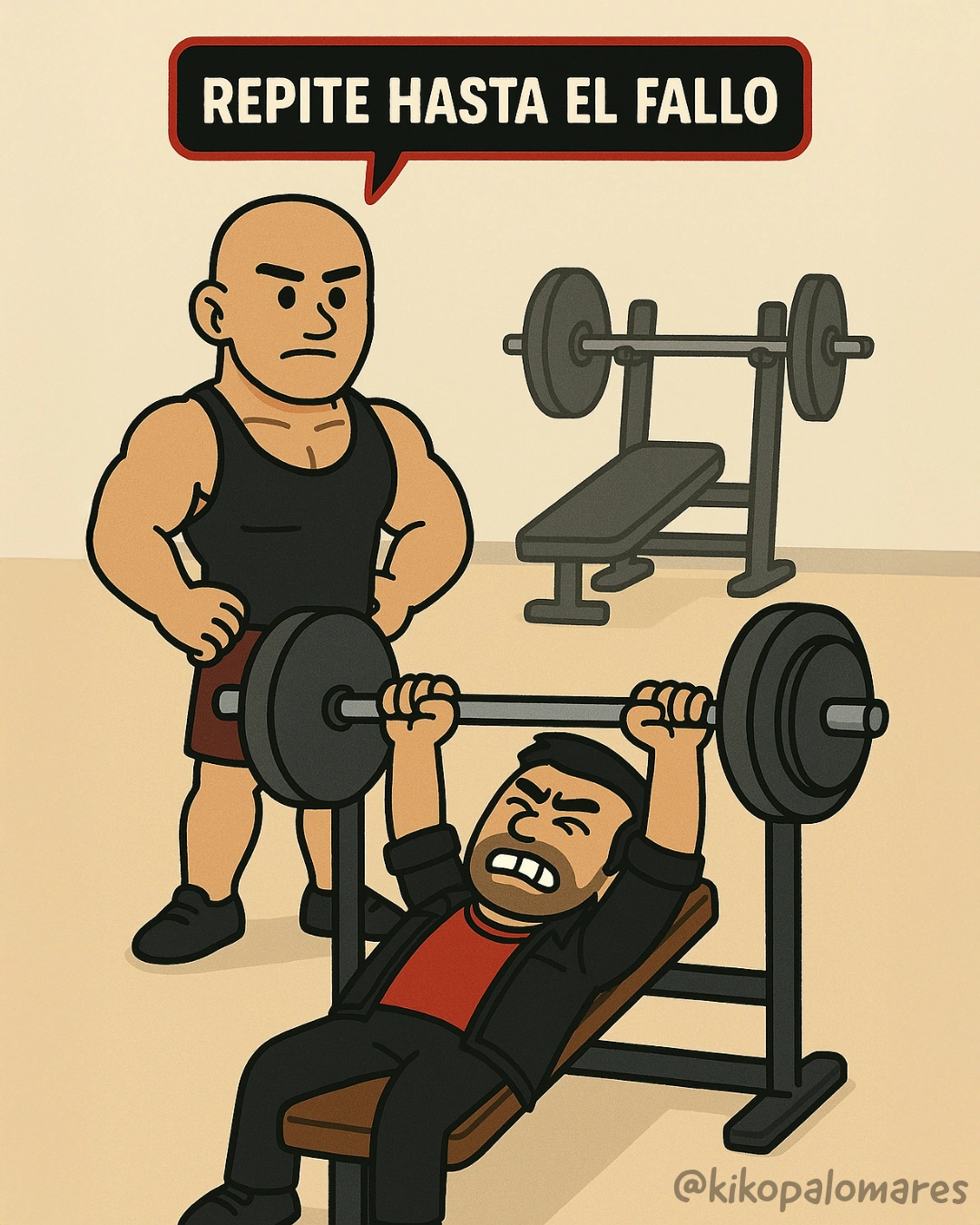 Primera viñeta. Kiko levanta una barra en el gimnasio mientras su entrenador le dice: «Repite hasta el fallo».
