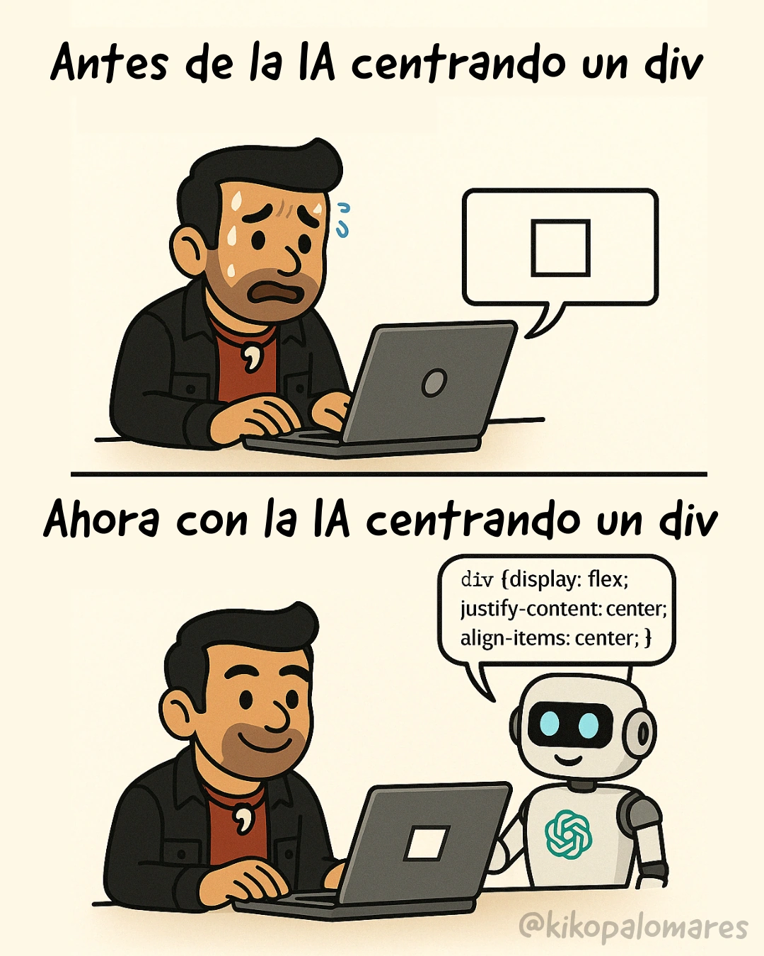 Kiko sufre al centrar un div. Con ayuda de un robot de IA, recibe una solución con flexbox.