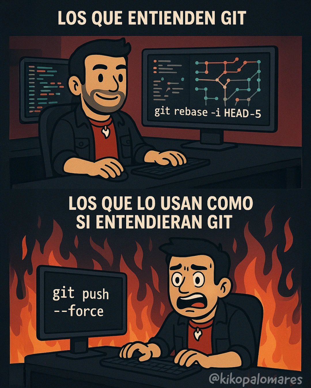 Kiko tranquilo usa git rebase. La versión que finge entender Git usa git push --force mientras todo arde.