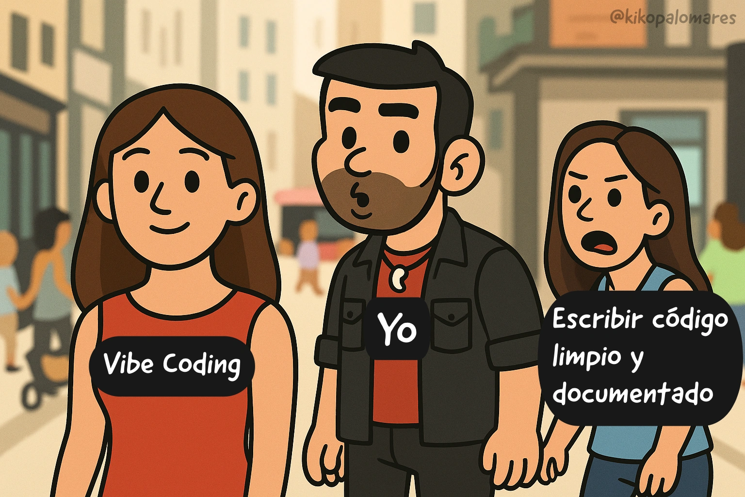 Kiko mira a Vibe Coding mientras su acompañante, Escribir código limpio y documentado, lo observa indignada.