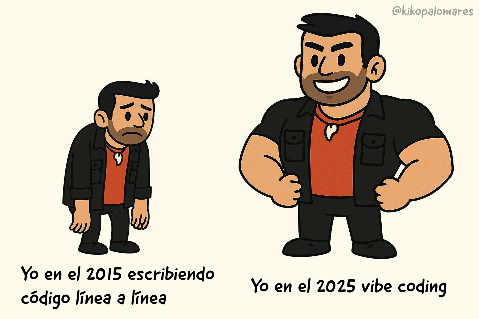 Kiko aparece pequeño y desanimado al escribir código línea a línea en 2015, y fuerte y sonriente al hacer vibe coding en 2025.
