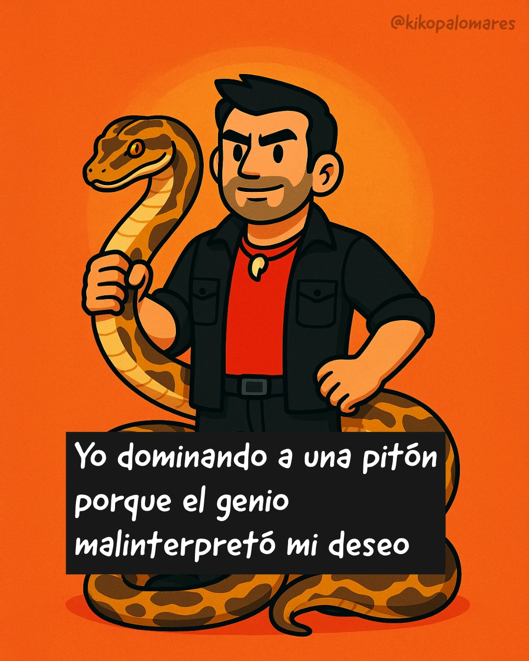 Kiko sostiene una pitón porque el genio interpretó literalmente su deseo de dominar Python.