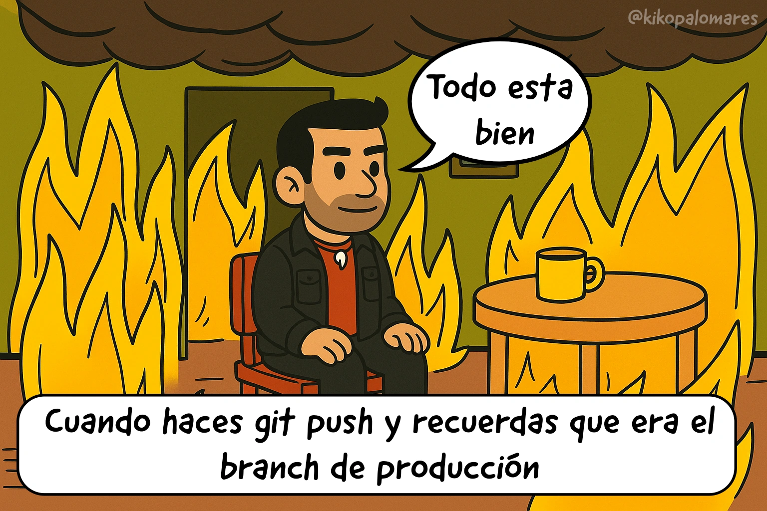 Kiko permanece sentado entre llamas al recordar que hizo git push a la rama de producción.