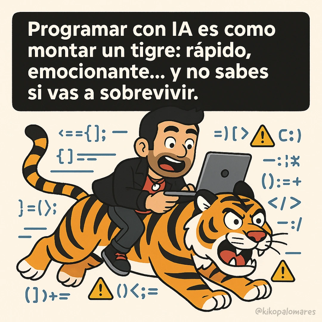 Kiko programa con un portátil mientras monta un tigre que corre. Texto: «Programar con IA es como montar un tigre: rápido, emocionante... y no sabes si vas a sobrevivir».