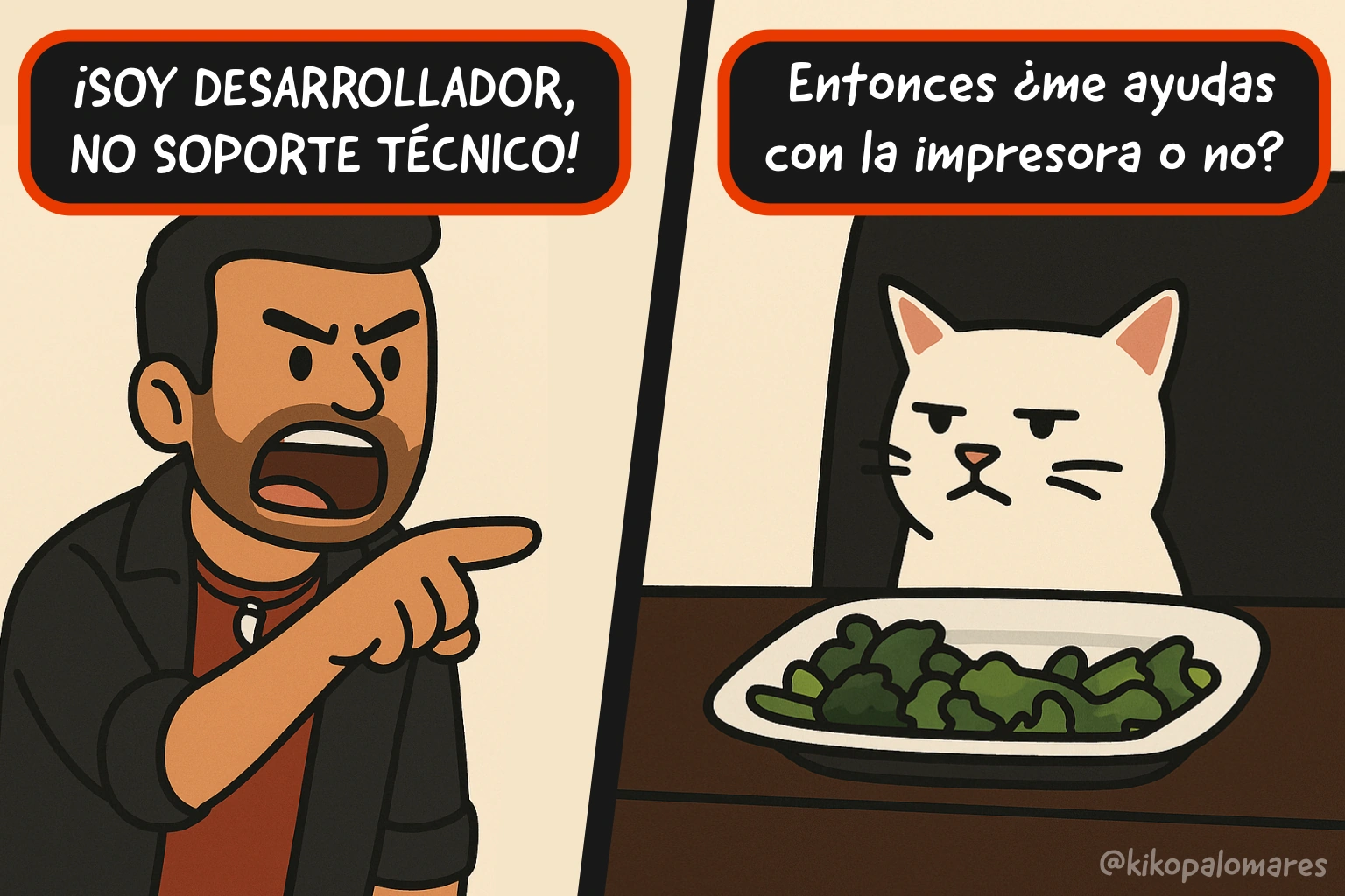 Kiko grita que es desarrollador y no soporte técnico. Un gato insiste en pedirle ayuda con la impresora.