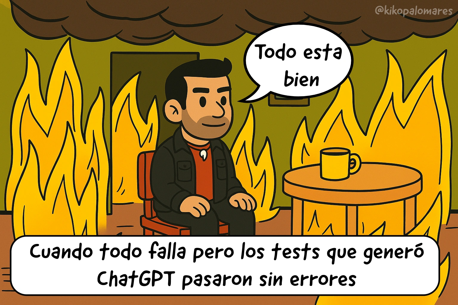 Kiko sonríe sentado en una habitación en llamas y dice «Todo esta bien». Debajo: «Cuando todo falla pero los tests que generó ChatGPT pasaron sin errores».