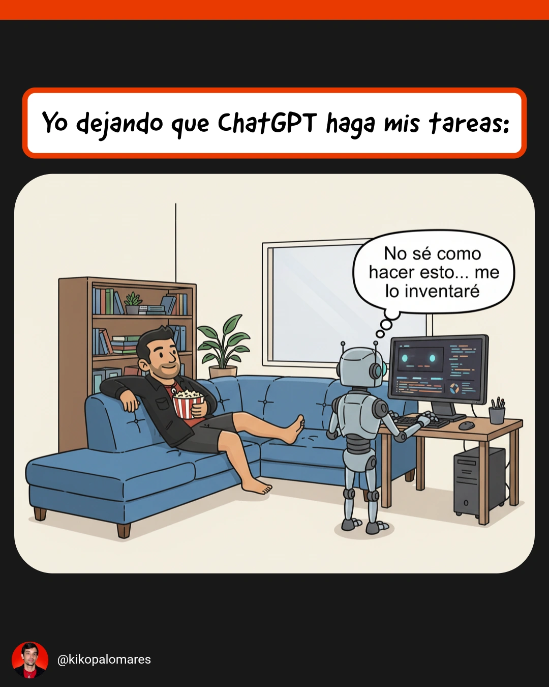Kiko descansa en el sofá mientras el robot de ChatGPT, ante el ordenador, decide inventarse cómo hacer sus tareas.