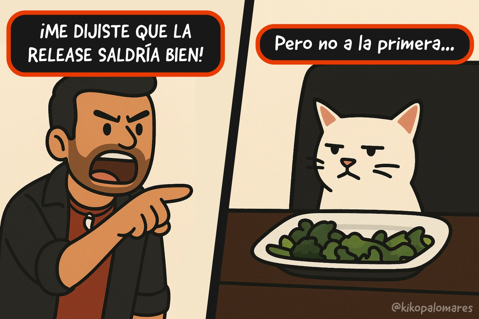 Kiko protesta porque le prometieron que la release saldría bien. Un gato responde que no a la primera.