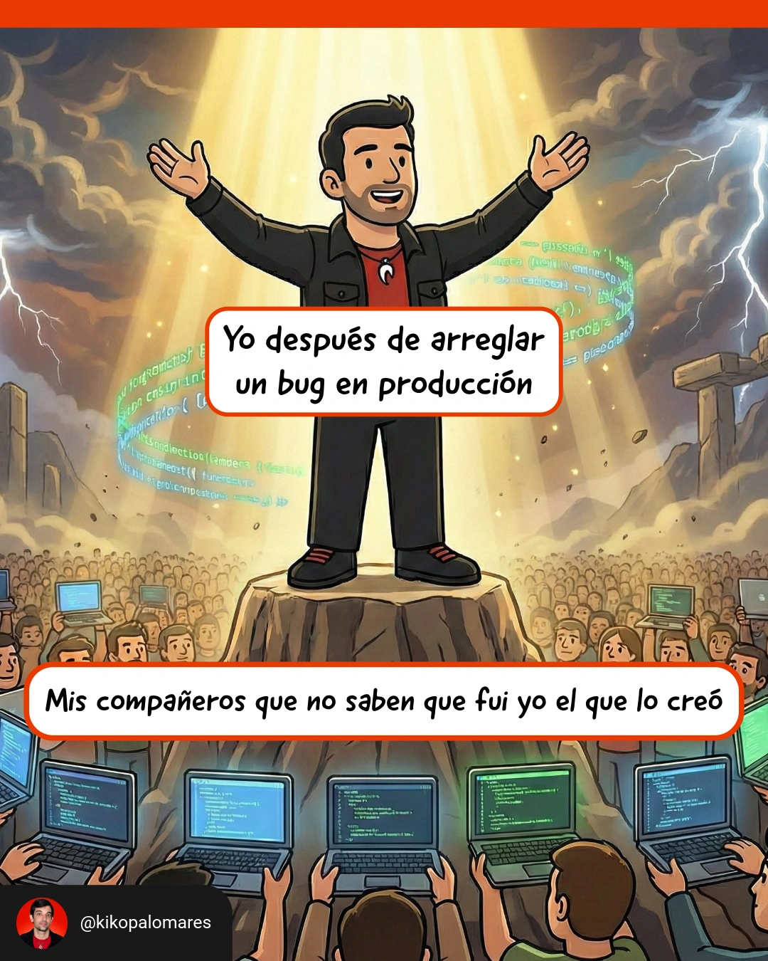 Kiko celebra en un pedestal, iluminado como un héroe, tras arreglar un bug que él mismo creó mientras sus compañeros lo admiran sin saberlo.