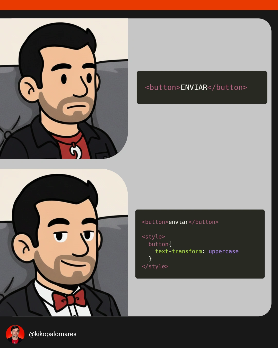 Kiko rechaza escribir ENVIAR en mayúsculas y prefiere escribir enviar y transformarlo con CSS.