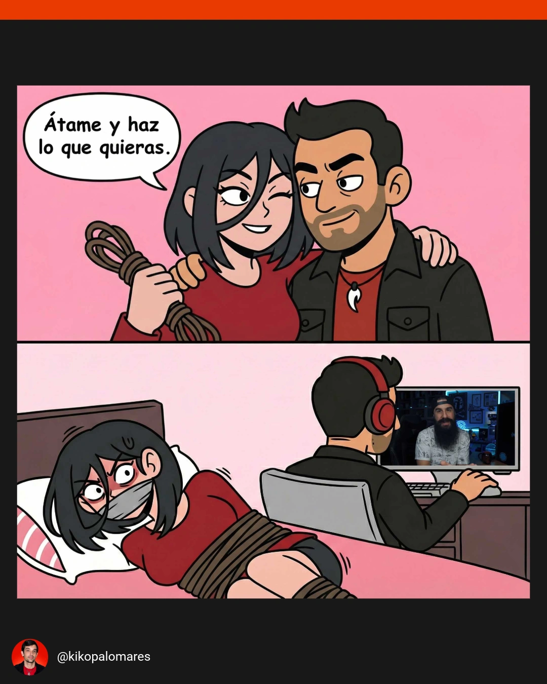 Una mujer le dice a Kiko que la ate y haga lo que quiera. Él la deja atada en la cama y se pone a ver un vídeo en el ordenador.