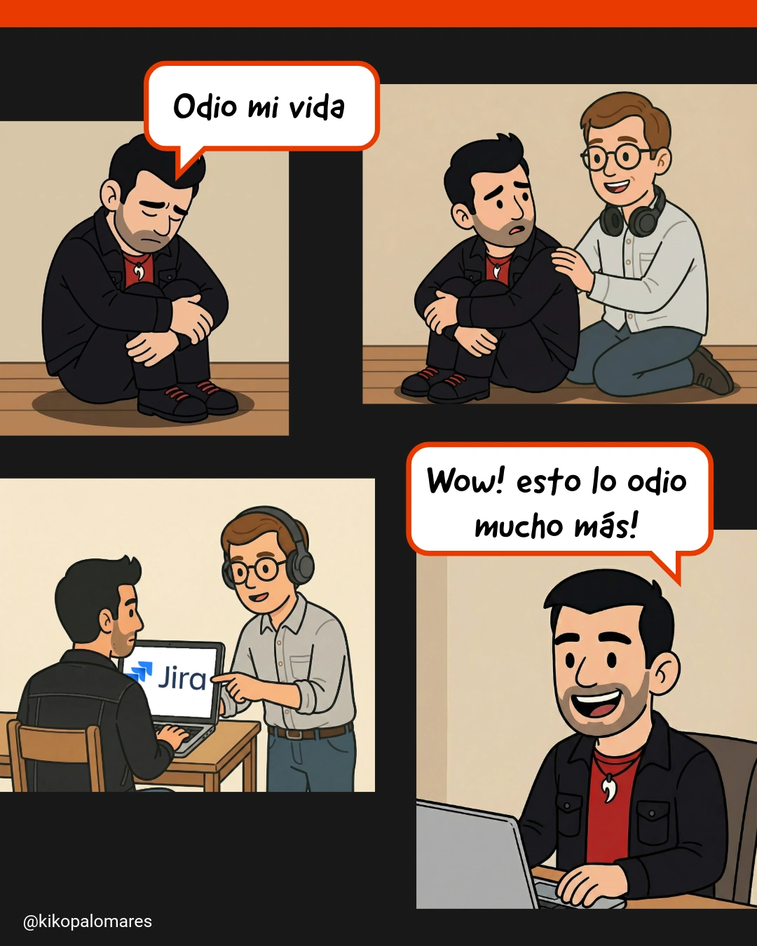 Kiko está triste y dice que odia su vida. Un compañero le enseña Jira y Kiko sonríe al descubrir algo que odia mucho más.