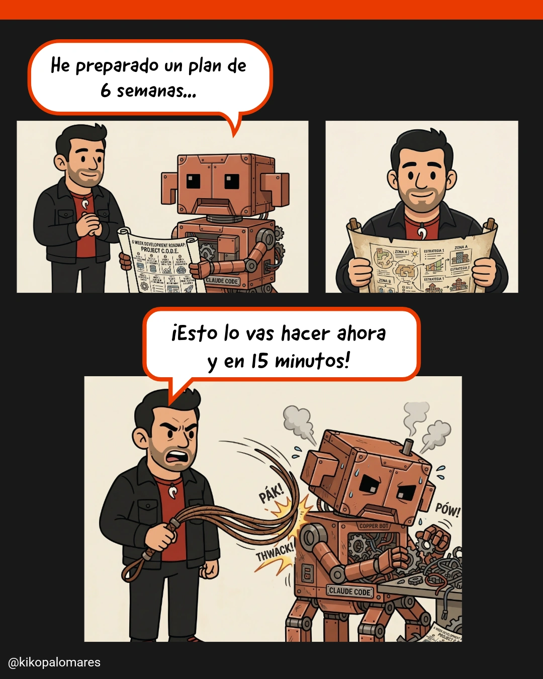 Claude Code presenta un plan de seis semanas. Kiko lo revisa y termina exigiéndole con un látigo que lo haga en quince minutos.