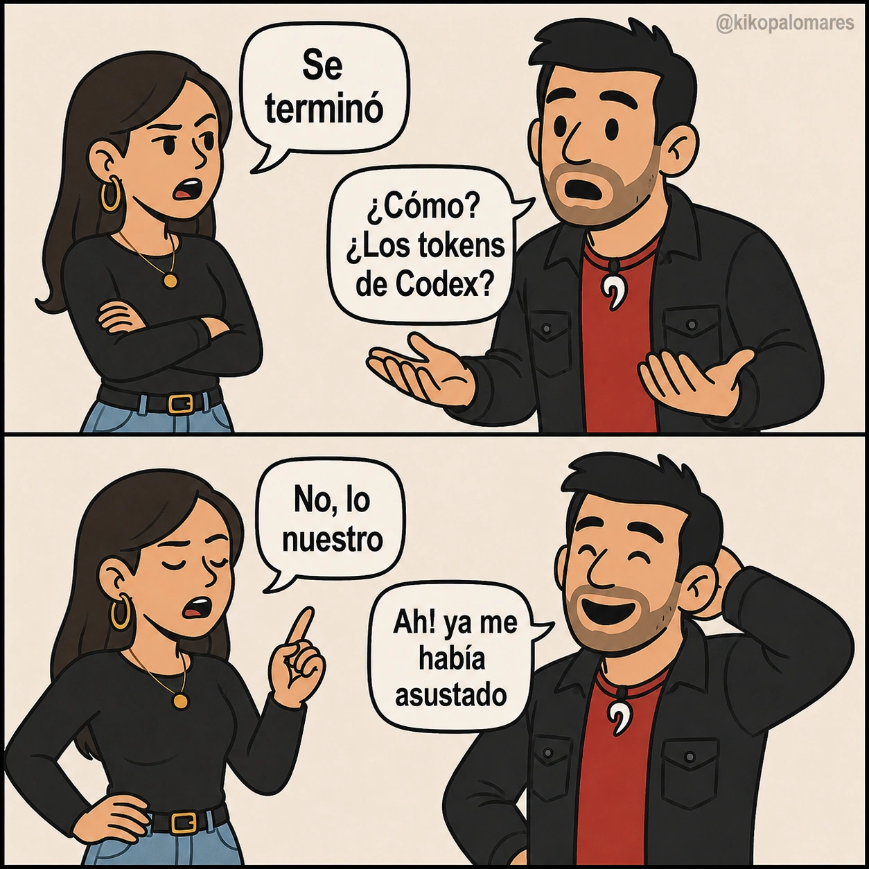 Kiko interpreta una ruptura de pareja como el fin de sus tokens de Codex y se tranquiliza al aclararse el malentendido.