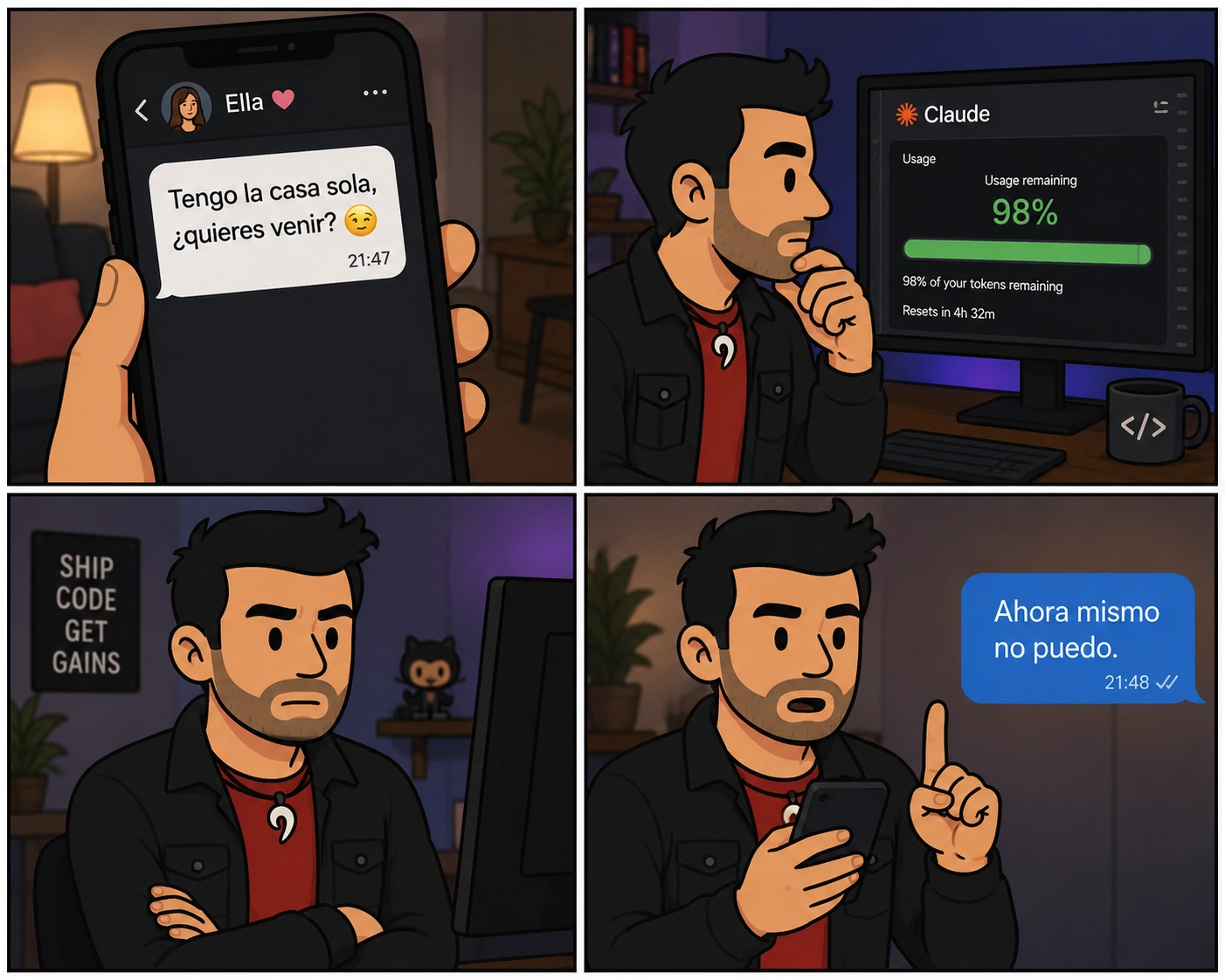 Historieta de cuatro viñetas: Kiko recibe una invitación, mira los tokens que le quedan en Claude y decide seguir programando.