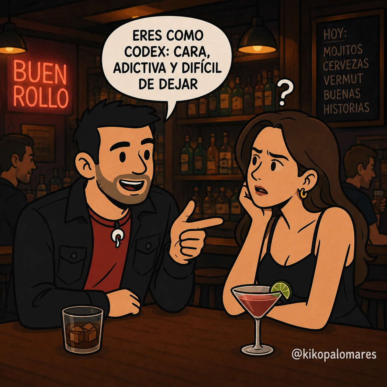 Kiko compara a su cita con Codex en la barra de un bar; ella lo mira desconcertada.