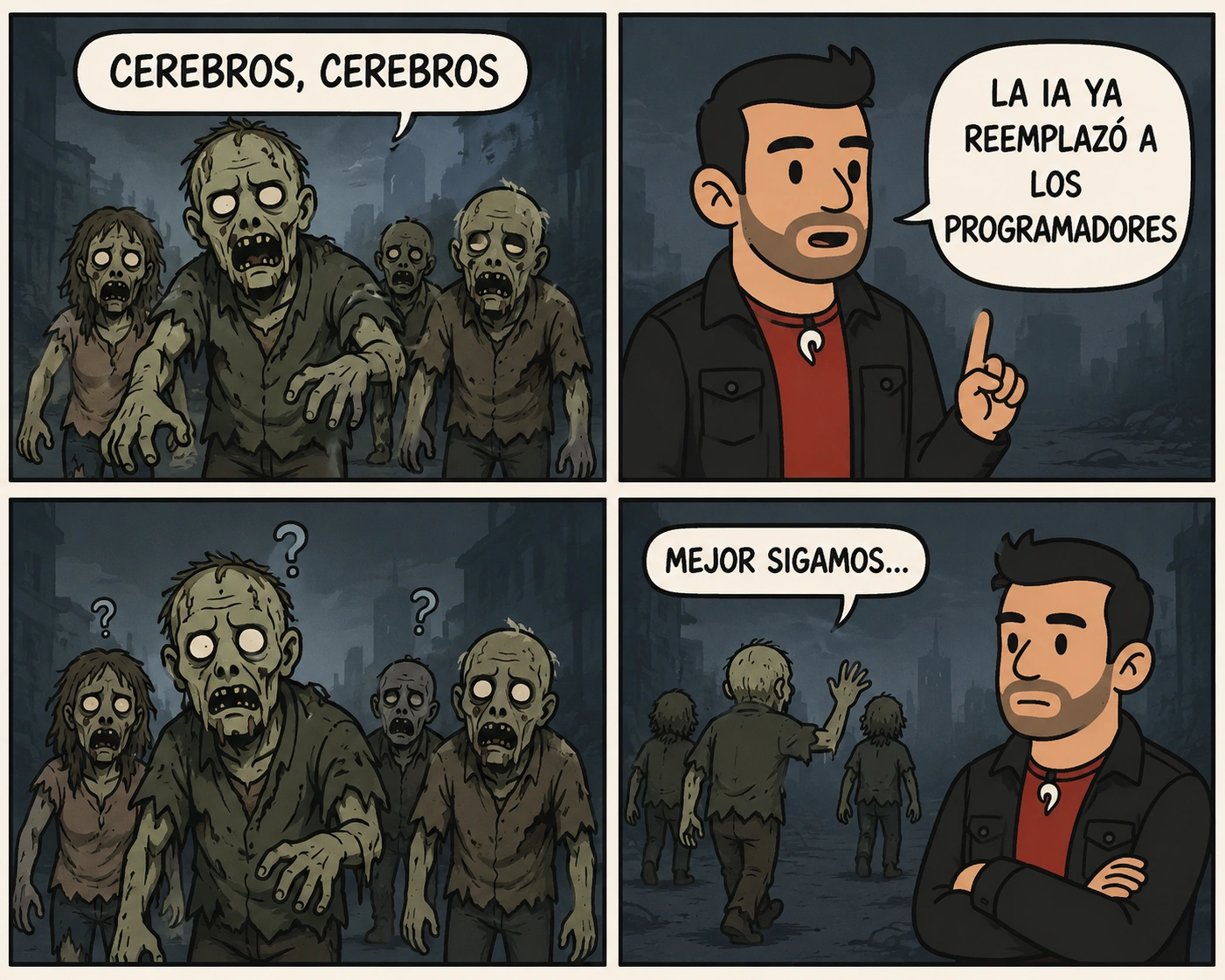 Un grupo de zombis busca cerebros y se aleja tras escuchar a Kiko decir que la IA ya reemplazó a los programadores.