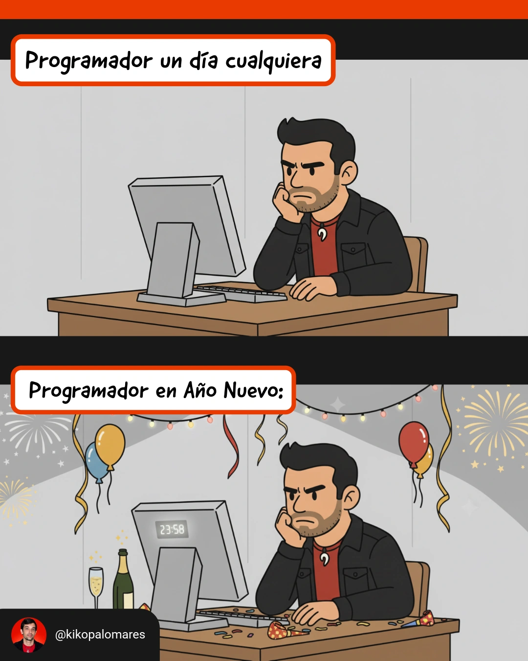 Kiko trabaja ante el ordenador un día cualquiera y también en Año Nuevo. Solo cambian la decoración de fiesta, la botella y la copa.