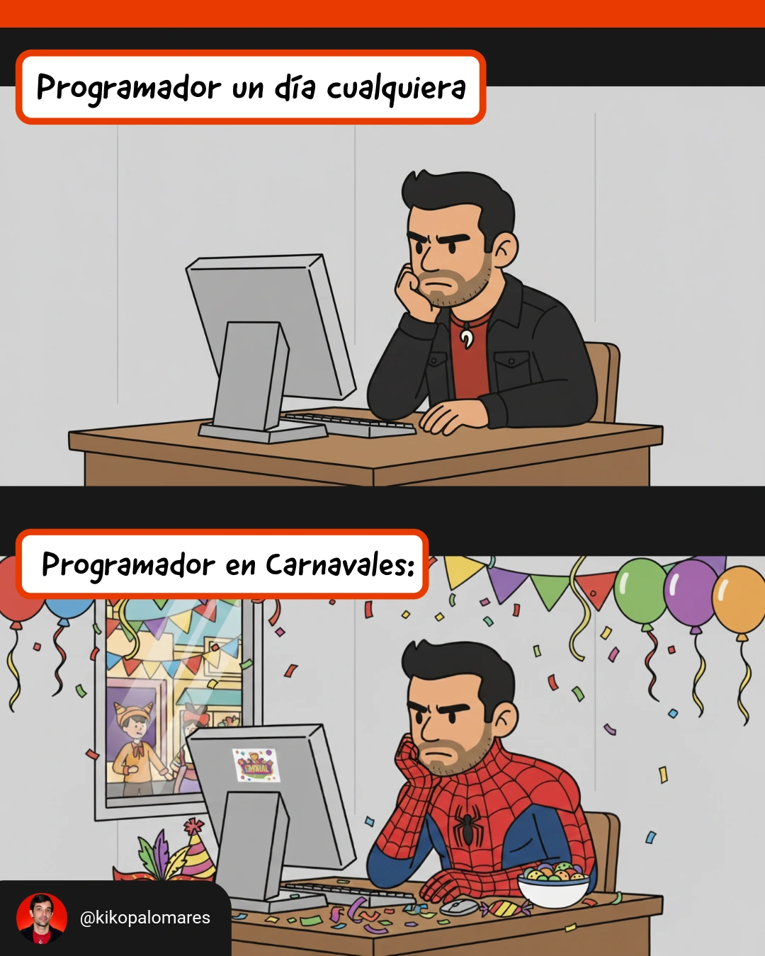 Kiko trabaja delante del ordenador un día cualquiera. En Carnavales hace lo mismo, vestido de Spider-Man y rodeado de decoración de fiesta.