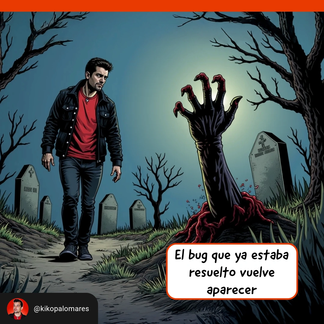 Kiko observa, en un cementerio, una mano de zombi que sale de una tumba y representa un bug que creía resuelto.