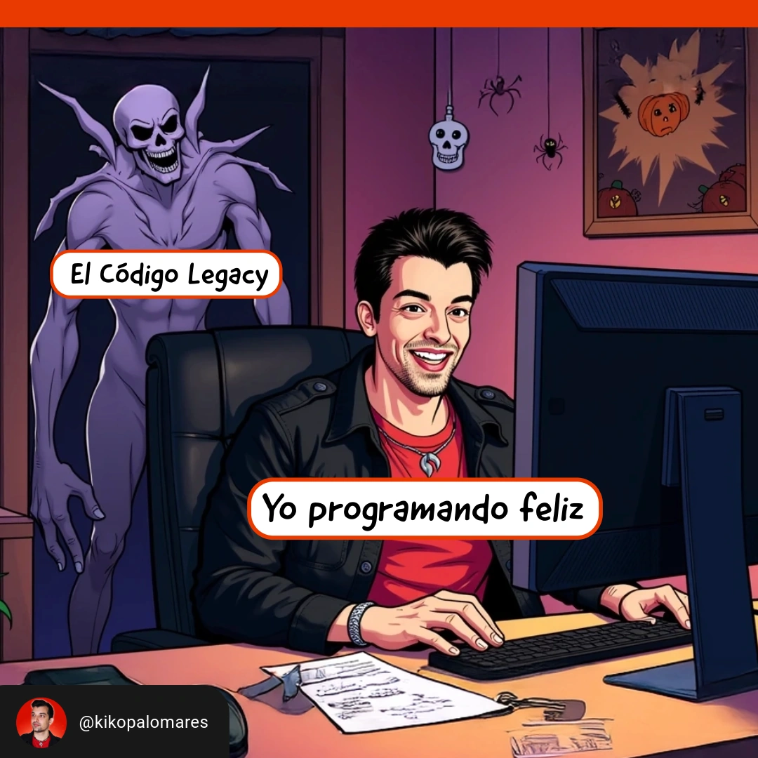 Kiko programa sonriendo mientras una criatura amenazante, rotulada «El Código Legacy», aparece detrás de su silla.