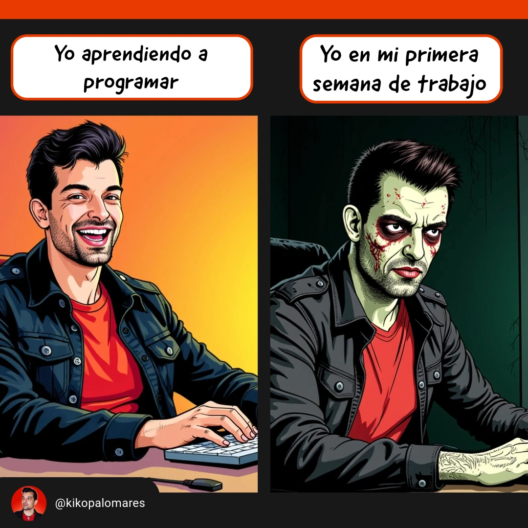 Dos viñetas muestran a Kiko: sonriente mientras aprende a programar y convertido en zombi durante su primera semana de trabajo.