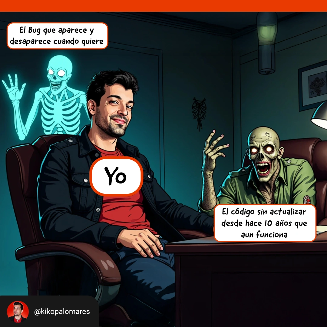 Kiko trabaja junto a un fantasma que representa el bug intermitente y un zombi que representa el código antiguo que todavía funciona.