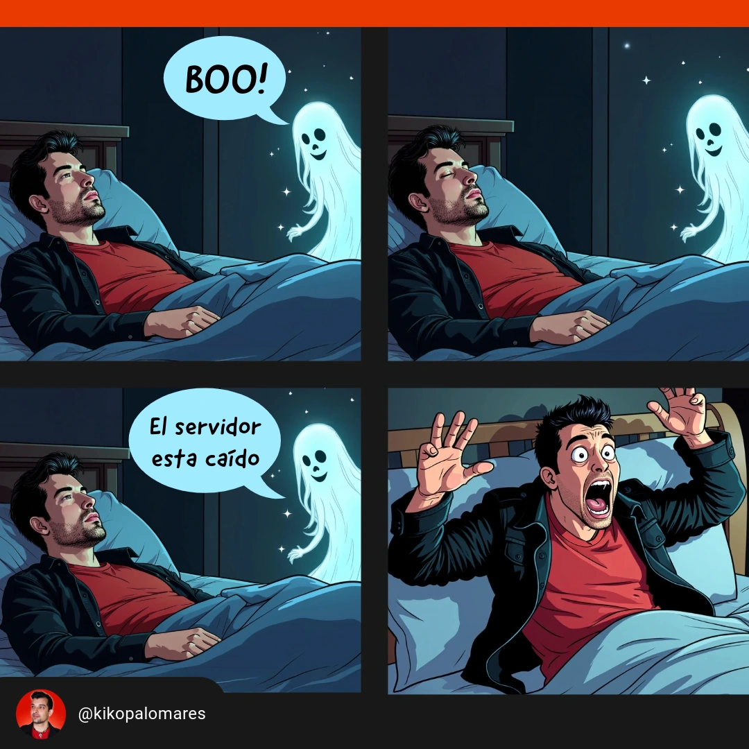 En cuatro viñetas, un fantasma intenta asustar a Kiko sin éxito. Cuando le avisa de que el servidor está caído, Kiko se incorpora aterrorizado.