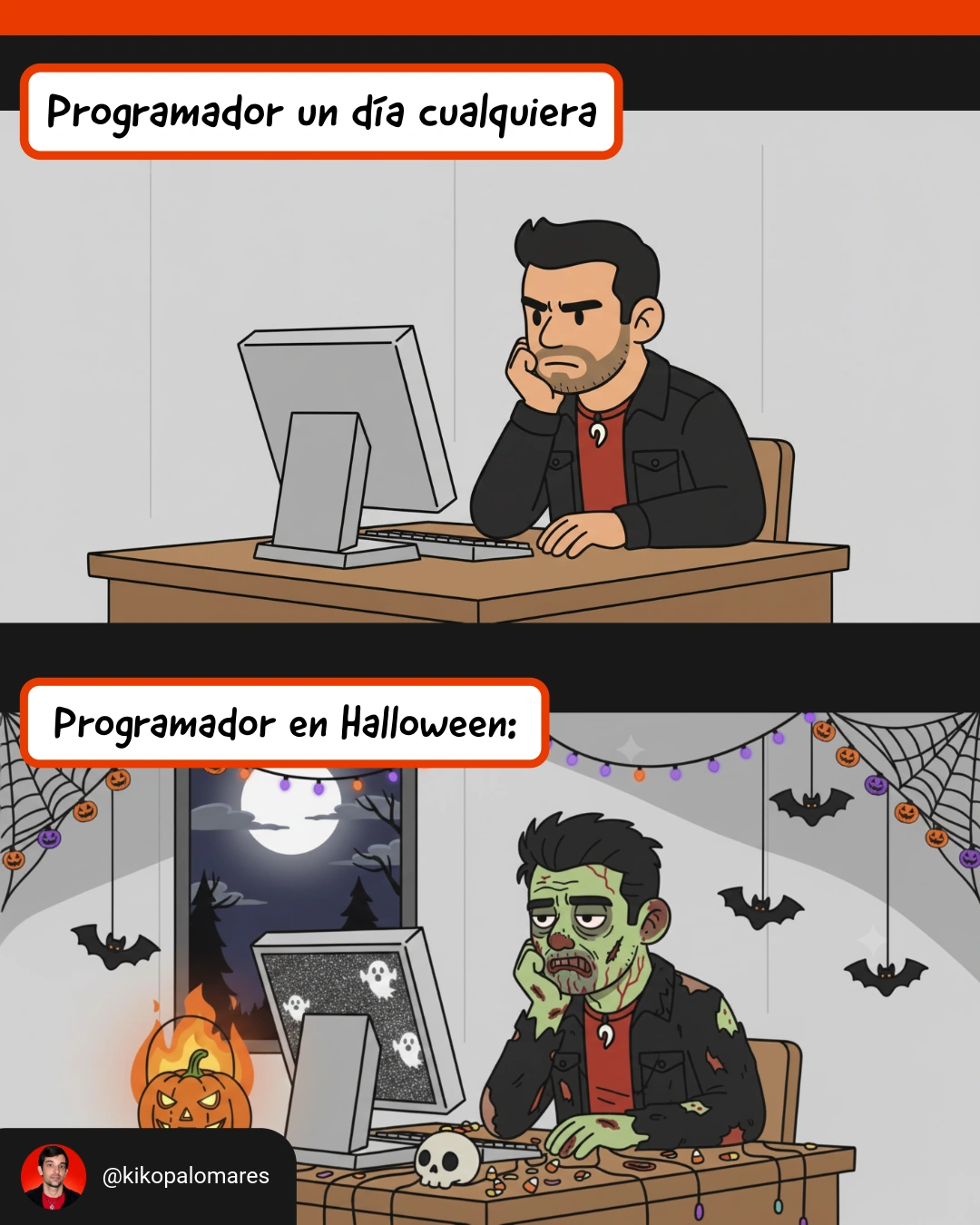 Kiko trabaja ante el ordenador un día cualquiera. En Halloween hace lo mismo disfrazado de zombi.