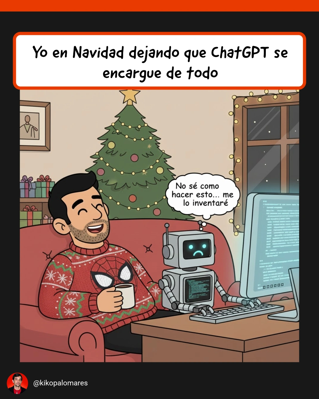 Kiko descansa con una taza mientras un robot ChatGPT improvisa frente al ordenador.