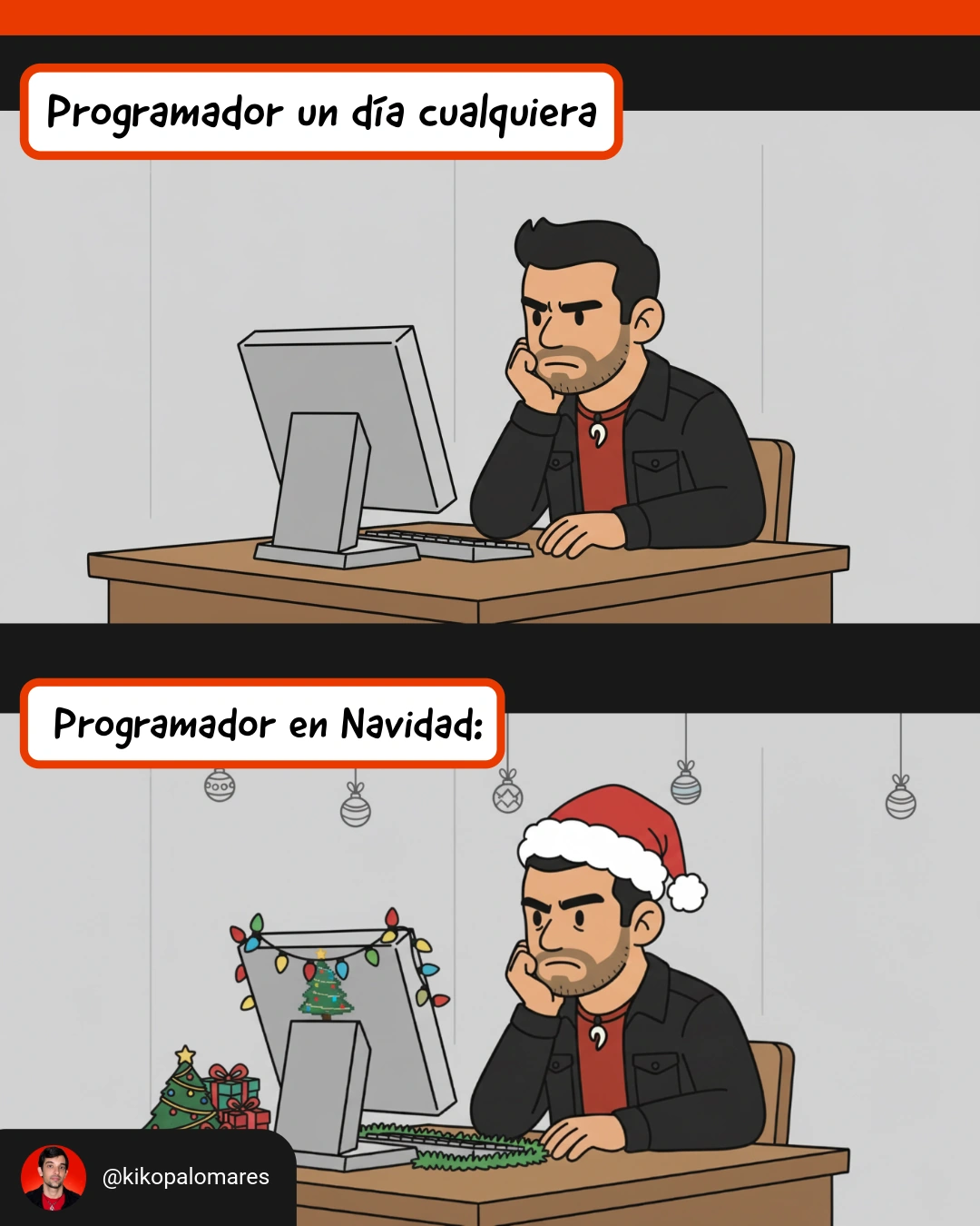 Kiko programa en ambas escenas; en Navidad lleva gorro de Santa Claus y el ordenador tiene luces festivas.