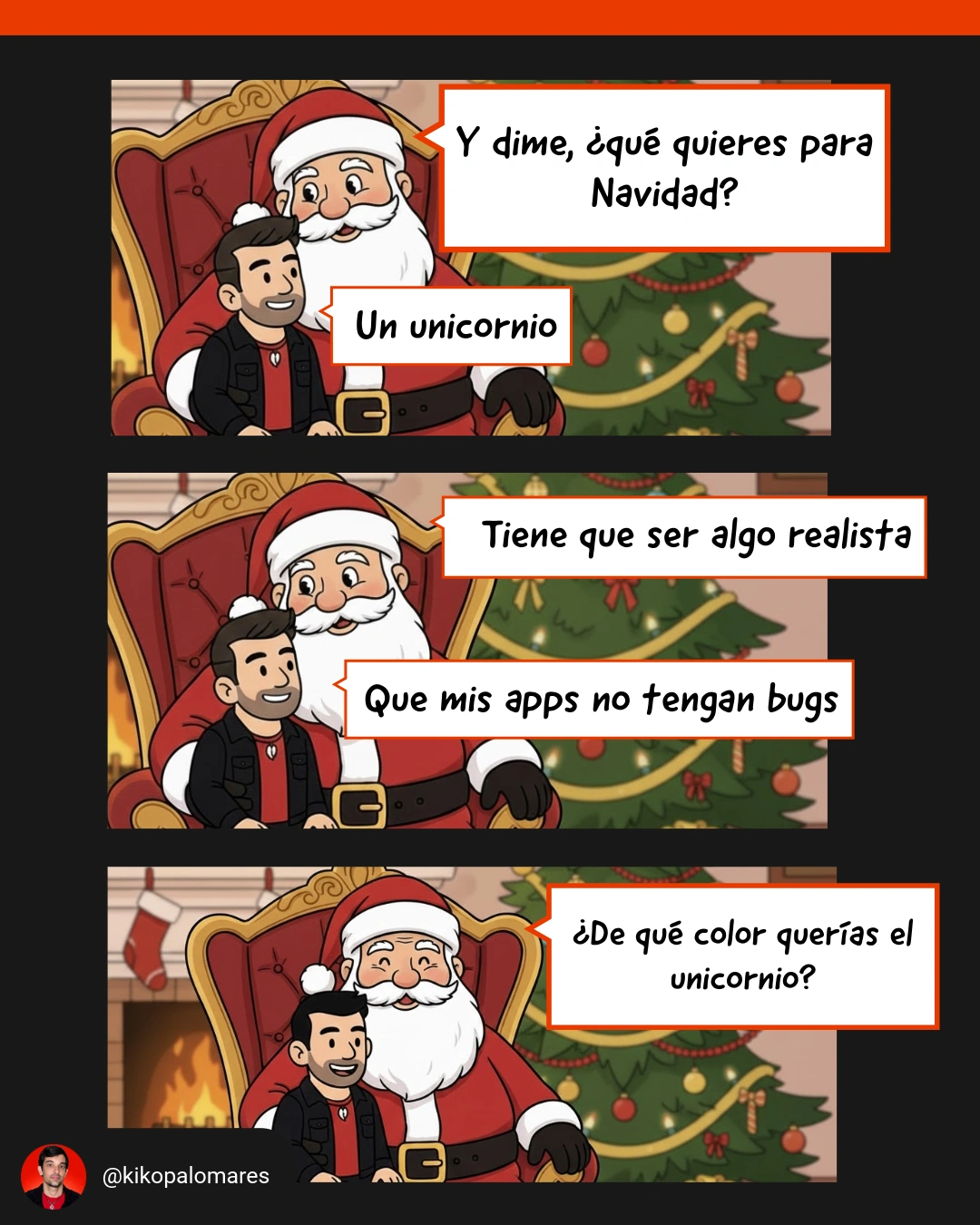 Kiko pide a Santa Claus aplicaciones sin bugs. Santa prefiere concederle un unicornio.