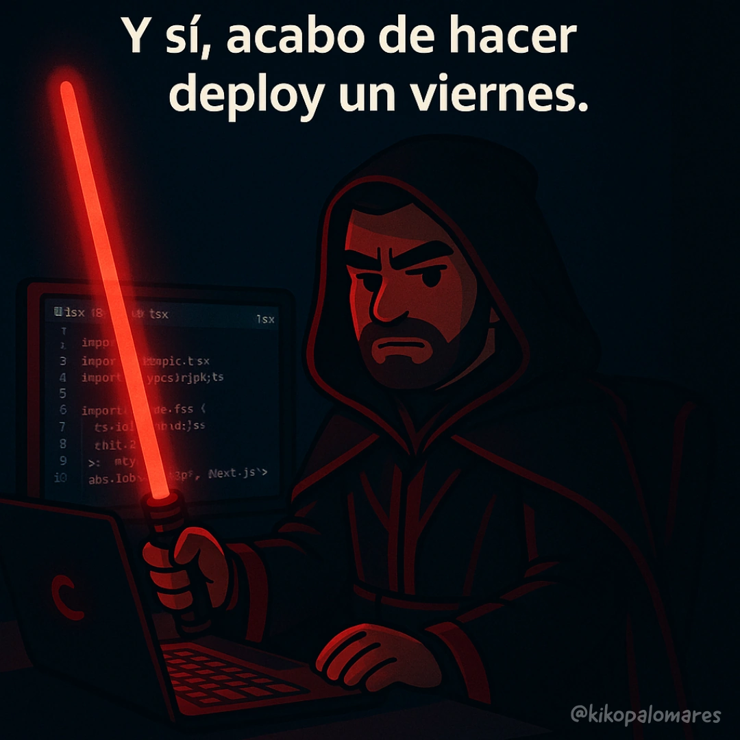 Kiko aparece como un Sith con sable rojo y reconoce que acaba de hacer un deploy un viernes.