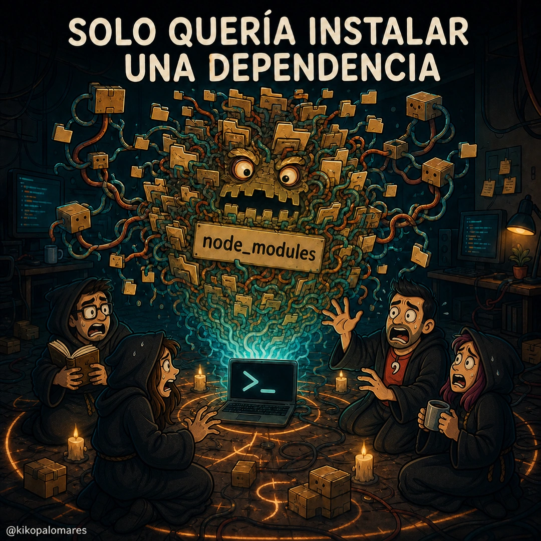 Kiko y su equipo contemplan aterrorizados un monstruo de paquetes node_modules invocado desde un portátil.
