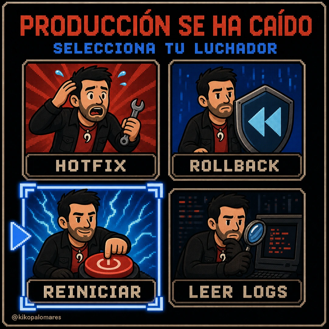 Pantalla retro de selección de luchador con cuatro versiones de Kiko ante una caída de producción.