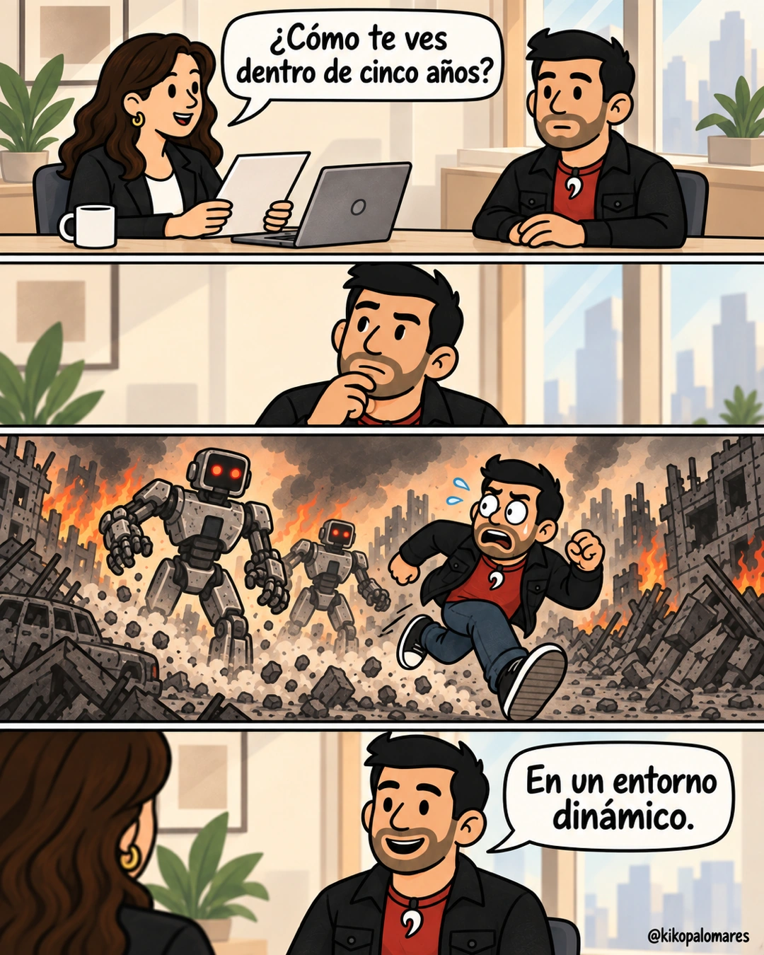 Cómic de cuatro viñetas. En una entrevista preguntan a Kiko cómo se ve dentro de cinco años. Kiko piensa, se imagina huyendo de dos robots en una ciudad destruida y responde: “En un entorno dinámico”