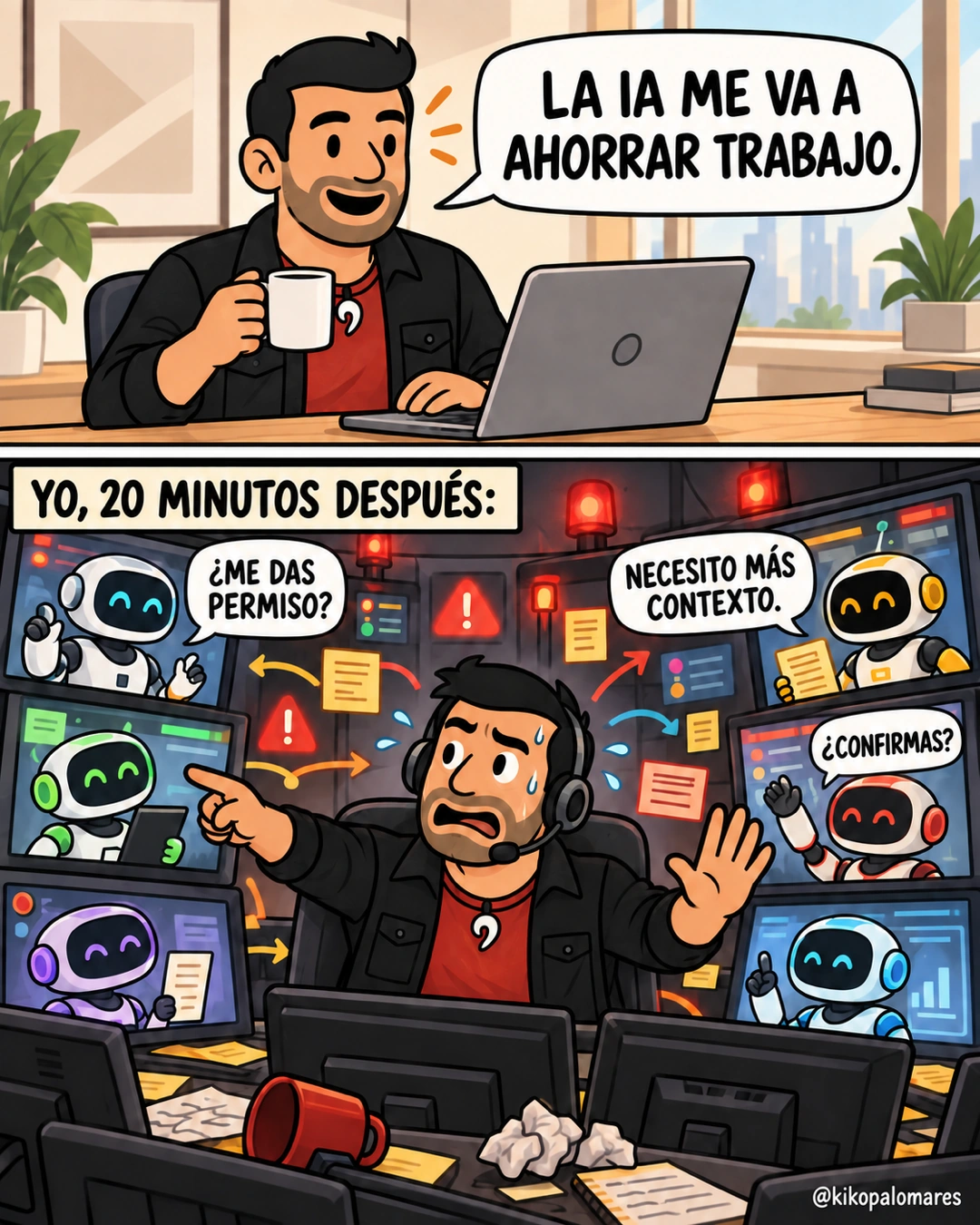 Cómic de dos viñetas. Kiko afirma relajado que la IA le va a ahorrar trabajo. Veinte minutos después aparece agobiado en una sala de control coordinando seis agentes que le piden permiso, contexto y confirmación